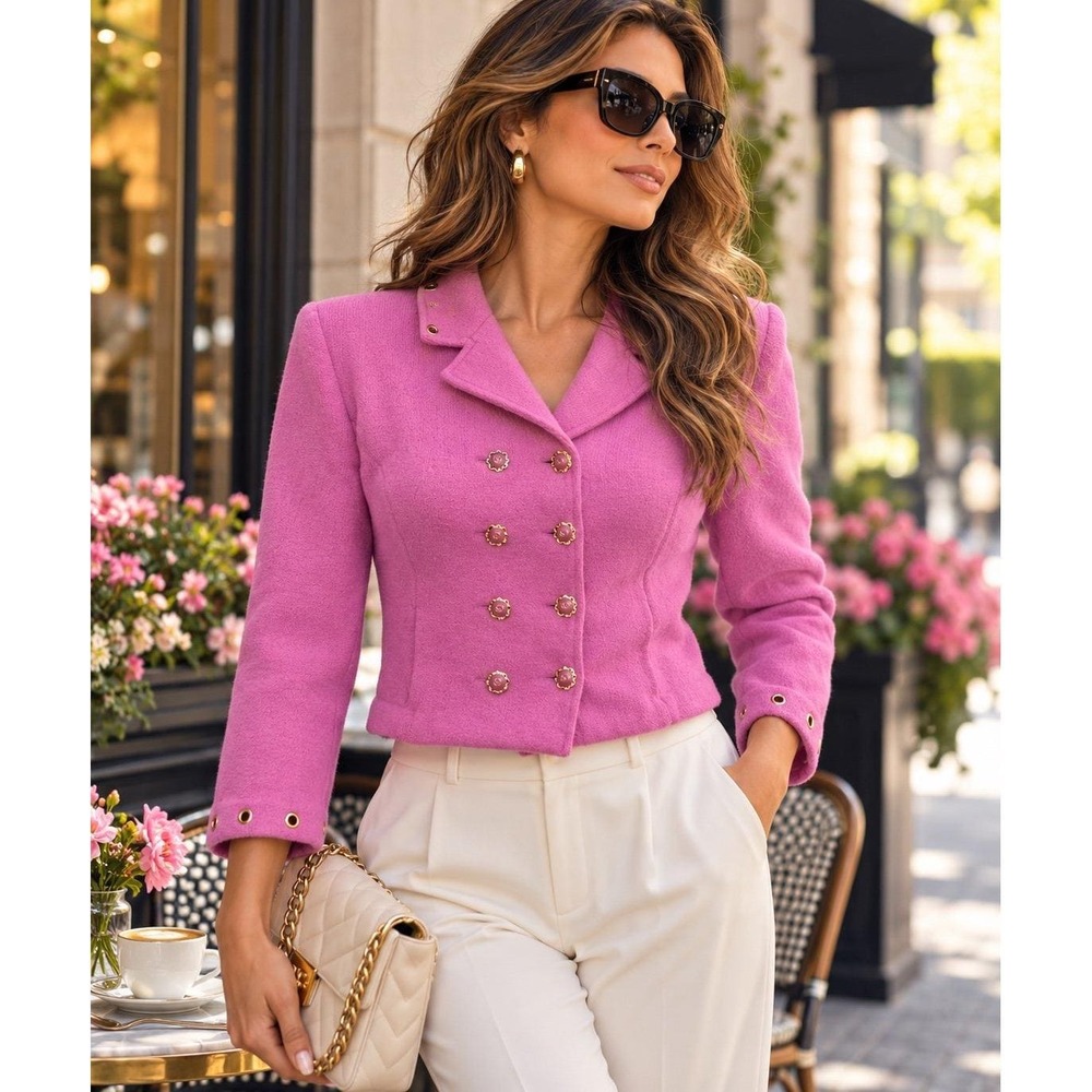 St. John Collection Marie Gray Pink Double Breasted Knit Jacket Blazer Size 4